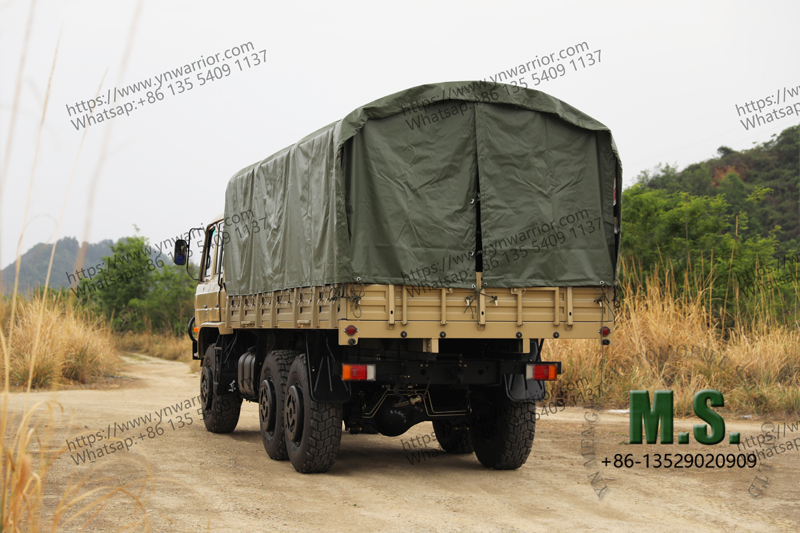 Dongfeng 6x6 truck rear perspective of troops truck with canvas cover