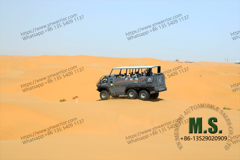 Desert curiser bus full speed driving on the sand